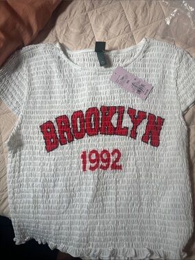 wild fable White Smocked Tee with Red 'Brooklyn 1992' Graphic